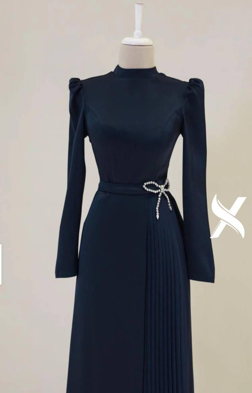 Modest Evening Dress – Turkish Crepe with Diamond Bow Waist Accessory