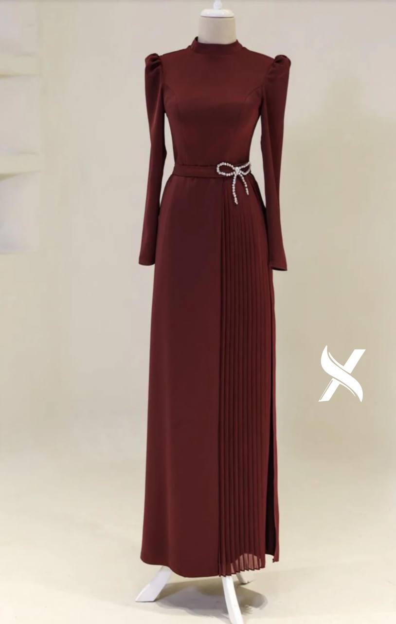 Modest Evening Dress – Turkish Crepe with Diamond Bow Waist Accessory