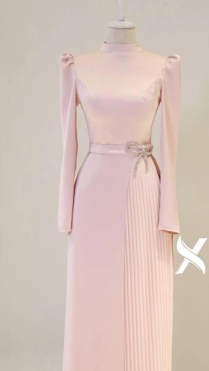 Modest Evening Dress – Turkish Crepe with Diamond Bow Waist Accessory