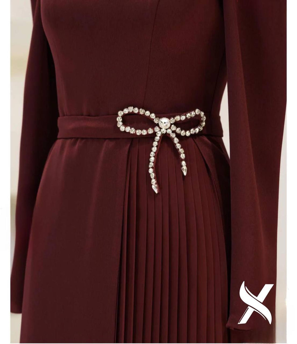 Modest Evening Dress – Turkish Crepe with Diamond Bow Waist Accessory