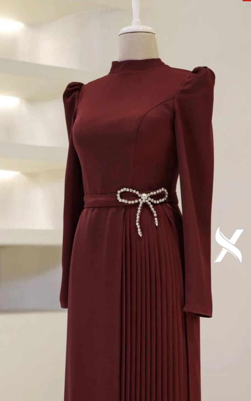 Modest Evening Dress – Turkish Crepe with Diamond Bow Waist Accessory