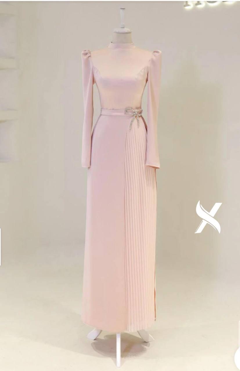 Modest Evening Dress – Turkish Crepe with Diamond Bow Waist Accessory