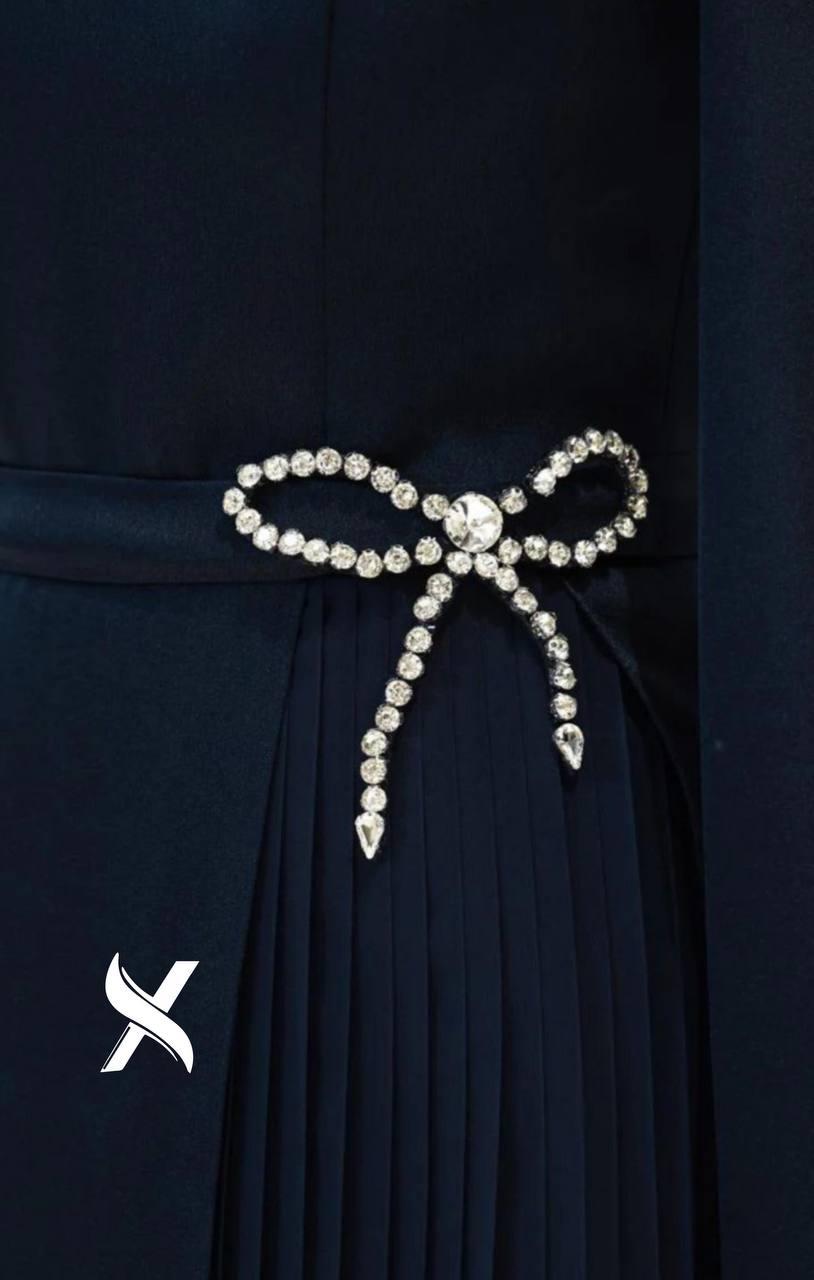 Modest Evening Dress – Turkish Crepe with Diamond Bow Waist Accessory