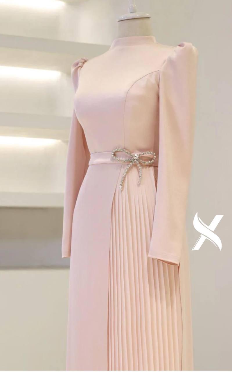 Modest Evening Dress – Turkish Crepe with Diamond Bow Waist Accessory