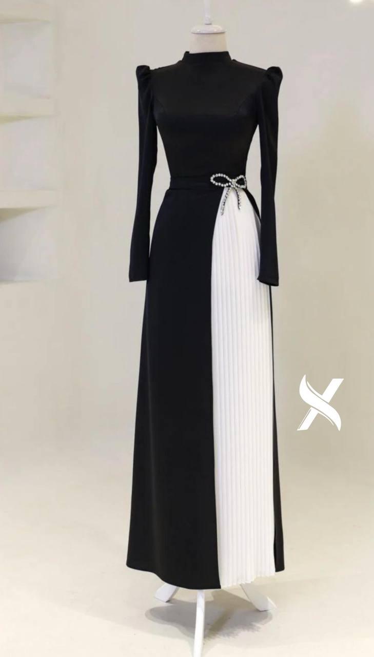 Modest Evening Dress – Turkish Crepe with Diamond Bow Waist Accessory