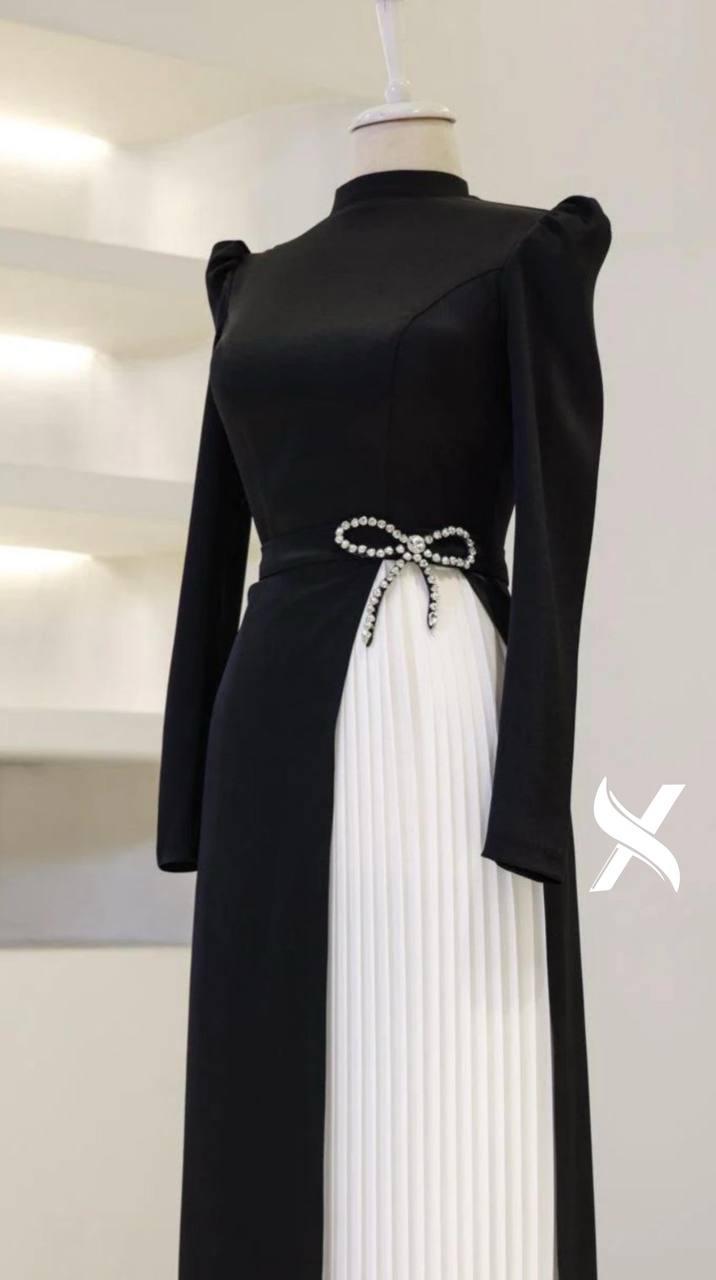 Modest Evening Dress – Turkish Crepe with Diamond Bow Waist Accessory