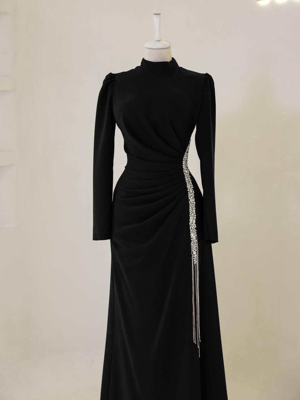 Modest Evening Dress – Turkish Crepe with Pearl & Accessory Trim