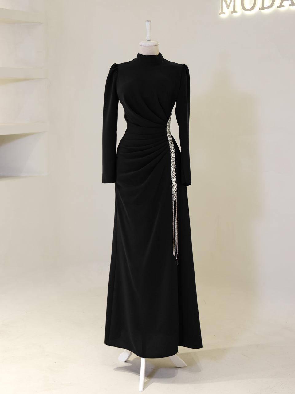 Modest Evening Dress – Turkish Crepe with Pearl & Accessory Trim