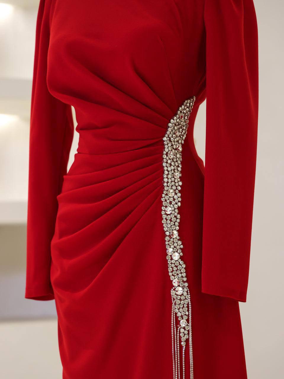 Modest Evening Dress – Turkish Crepe with Pearl & Accessory Trim