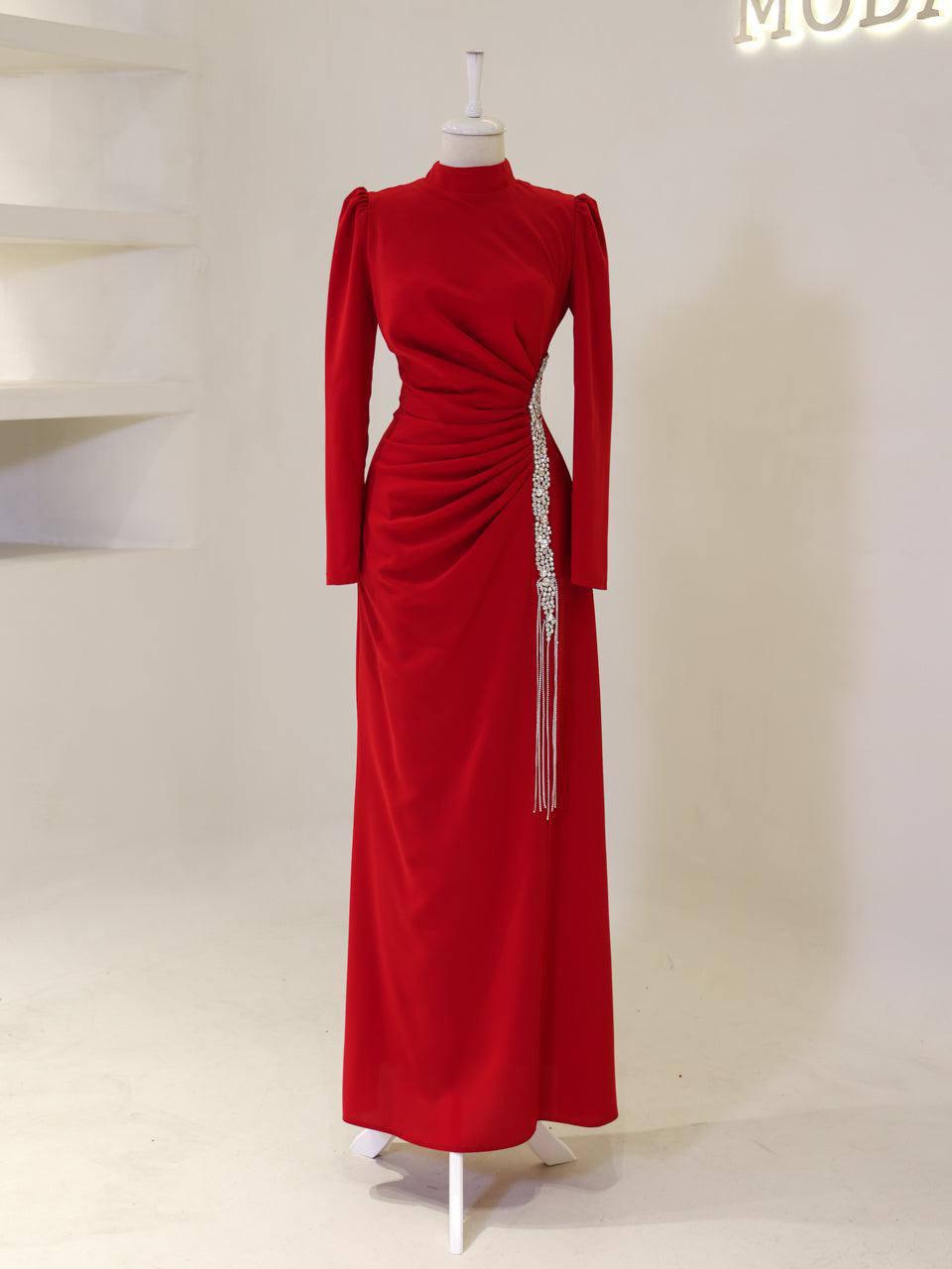 Modest Evening Dress – Turkish Crepe with Pearl & Accessory Trim