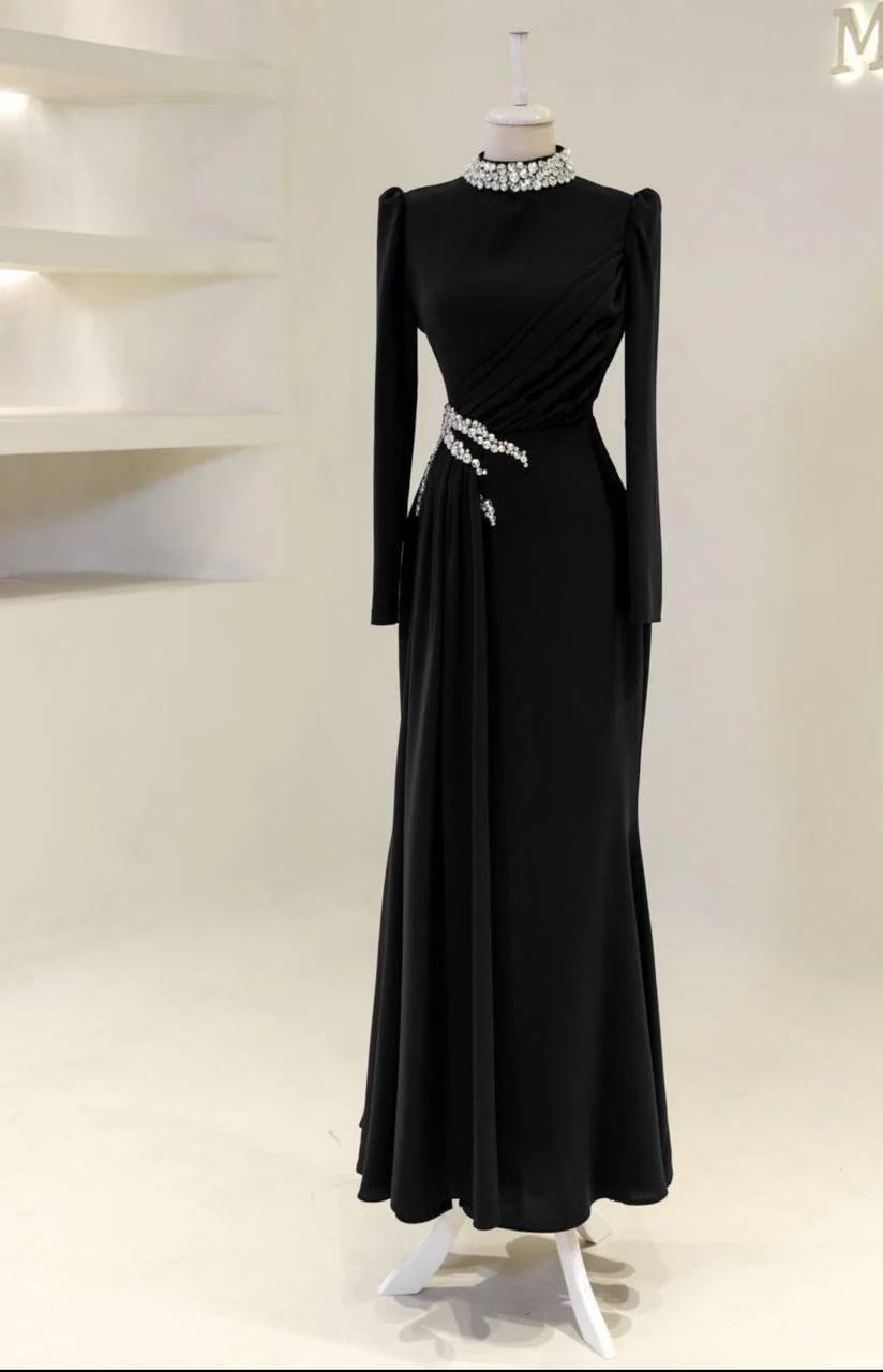 Modest Turkish Evening Dress – Double Fabric with Chiffon Waist Drape
