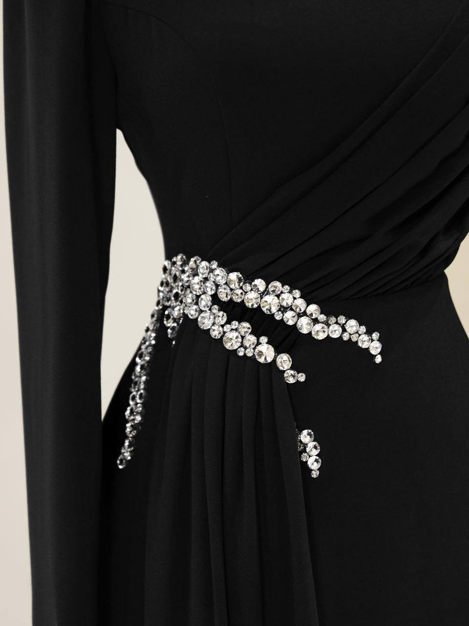 Modest Turkish Evening Dress – Double Fabric with Chiffon Waist Drape