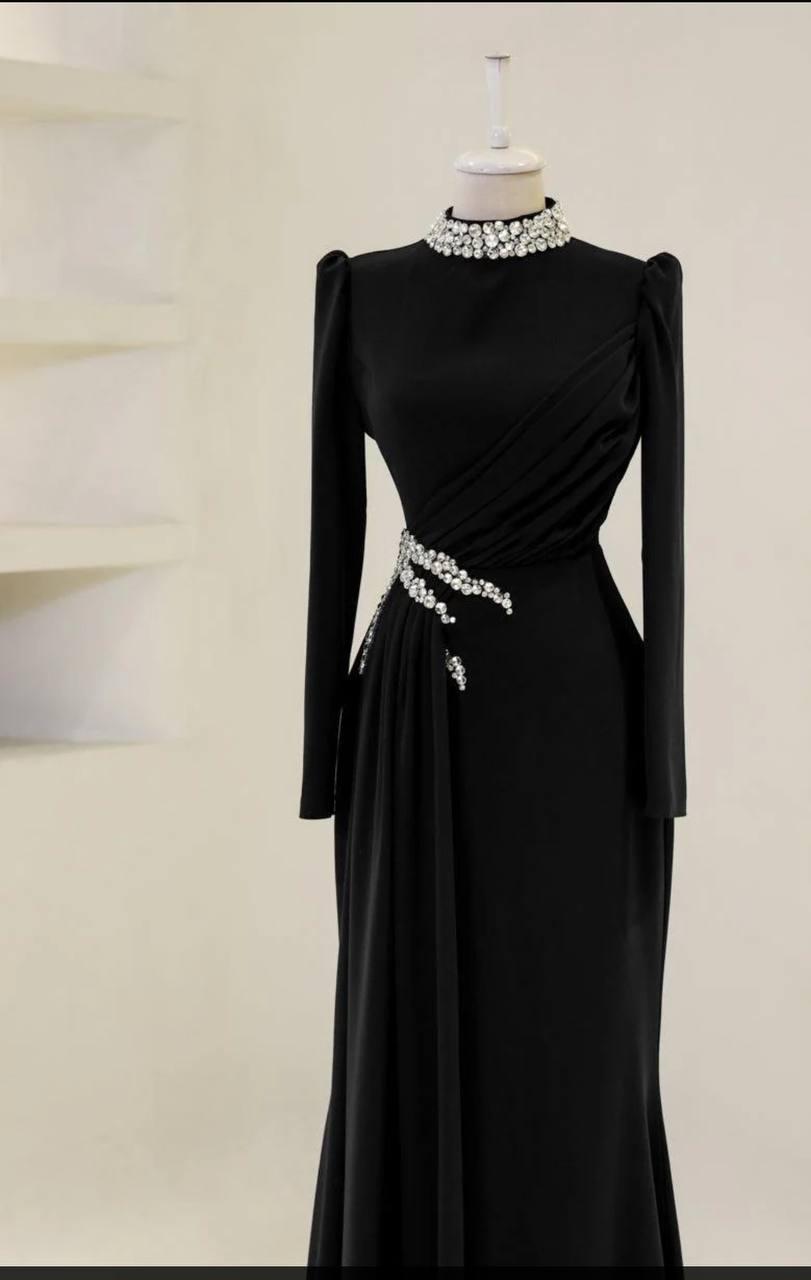 Modest Turkish Evening Dress – Double Fabric with Chiffon Waist Drape