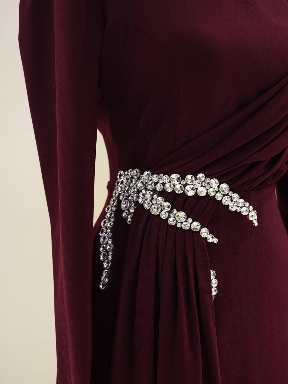 Modest Turkish Evening Dress – Double Fabric with Chiffon Waist Drape