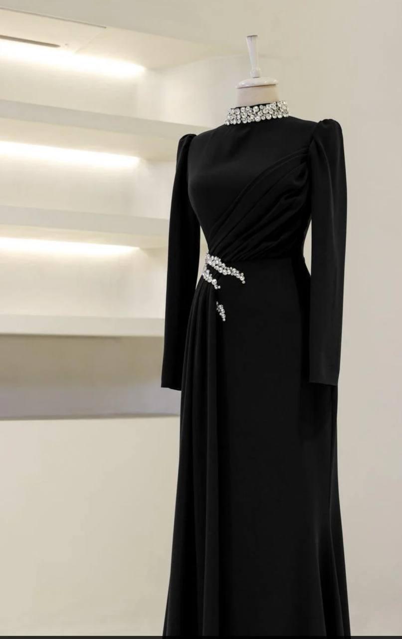 Modest Turkish Evening Dress – Double Fabric with Chiffon Waist Drape