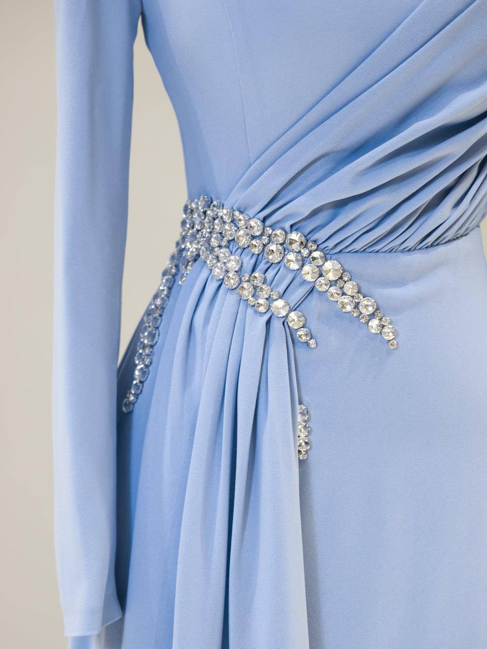 Modest Turkish Evening Dress – Double Fabric with Chiffon Waist Drape