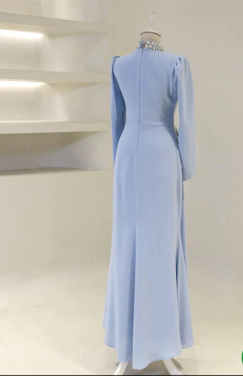 Modest Turkish Evening Dress – Double Fabric with Chiffon Waist Drape