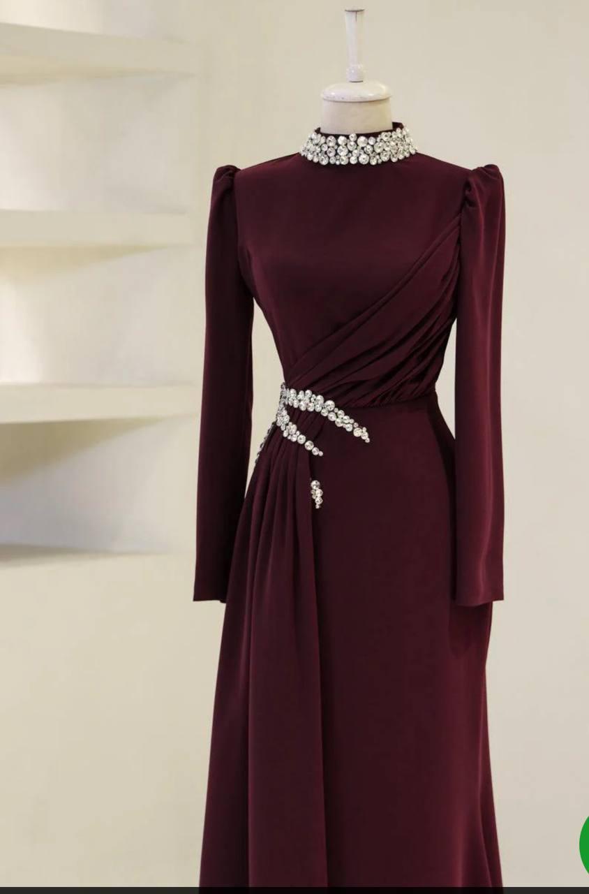 Modest Turkish Evening Dress – Double Fabric with Chiffon Waist Drape