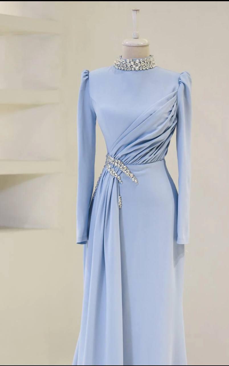 Modest Turkish Evening Dress – Double Fabric with Chiffon Waist Drape