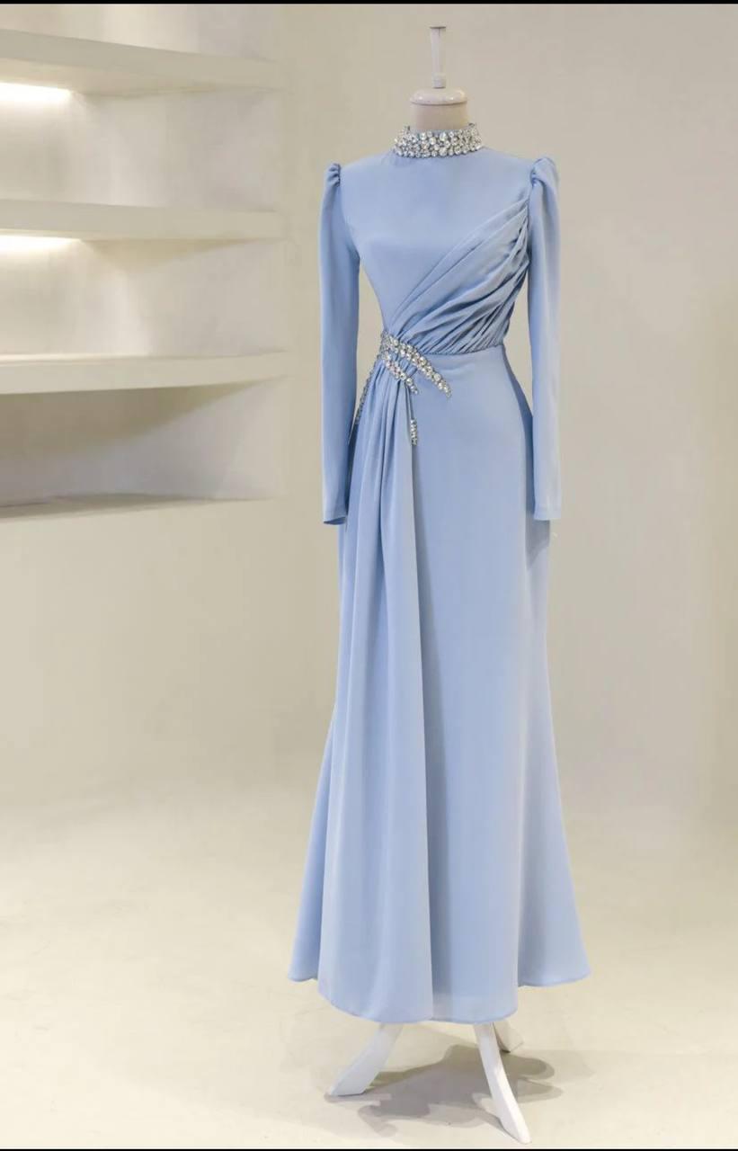 Modest Turkish Evening Dress – Double Fabric with Chiffon Waist Drape