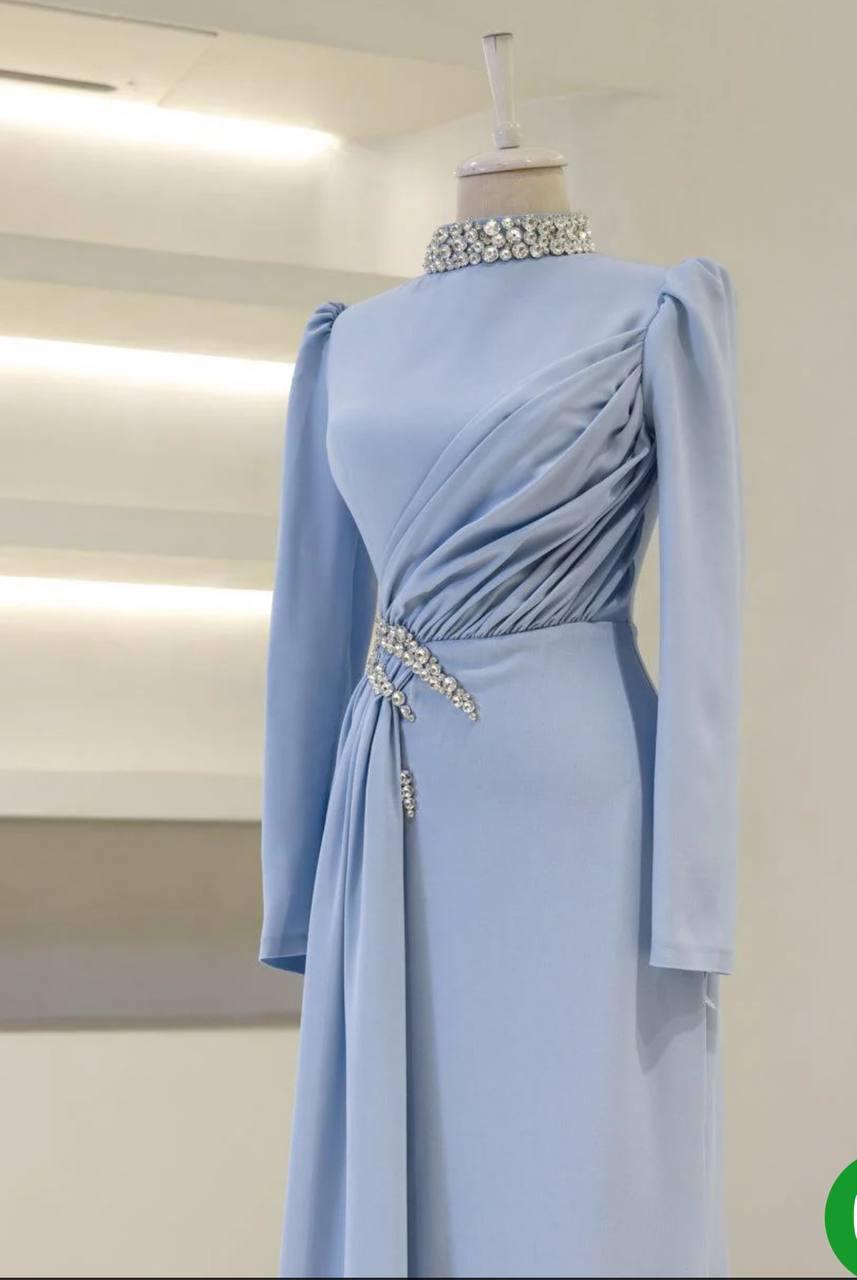 Modest Turkish Evening Dress – Double Fabric with Chiffon Waist Drape