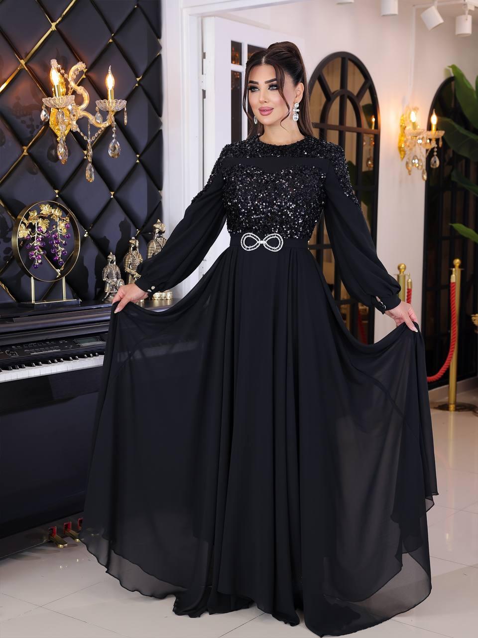 Plus-Size Turkish Modest Dress – Chiffon Wide Skirt & Shiny Bodice