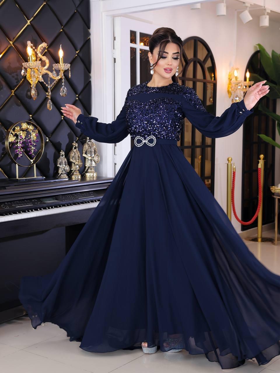 Plus-Size Turkish Modest Dress – Chiffon Wide Skirt & Shiny Bodice