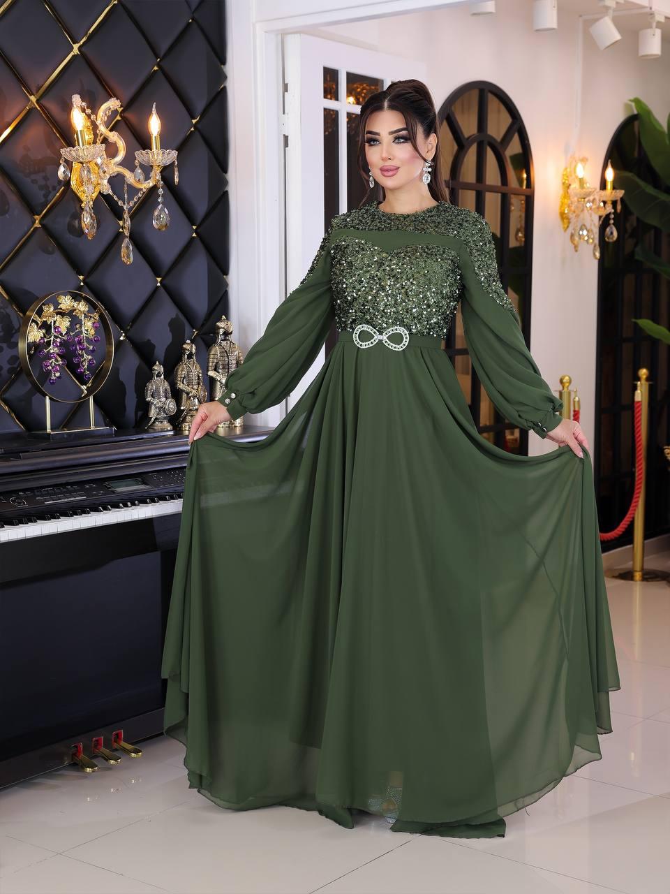 Plus-Size Turkish Modest Dress – Chiffon Wide Skirt & Shiny Bodice