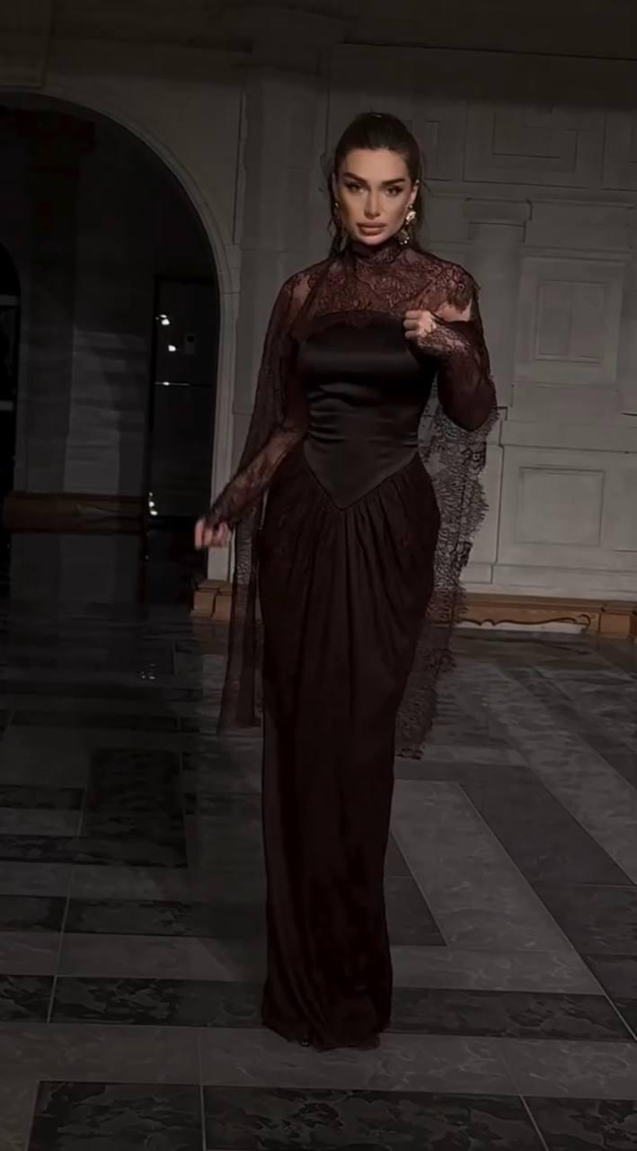 Two-Piece Evening Dress – Turkish Satin & Lace with Shoulder Shawl