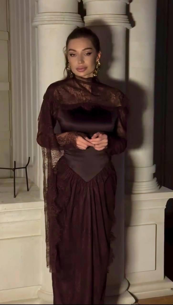 Two-Piece Evening Dress – Turkish Satin & Lace with Shoulder Shawl