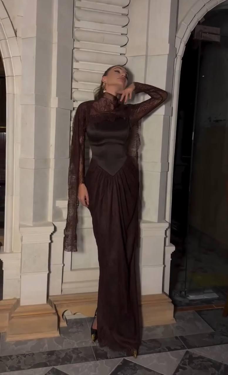 Two-Piece Evening Dress – Turkish Satin & Lace with Shoulder Shawl