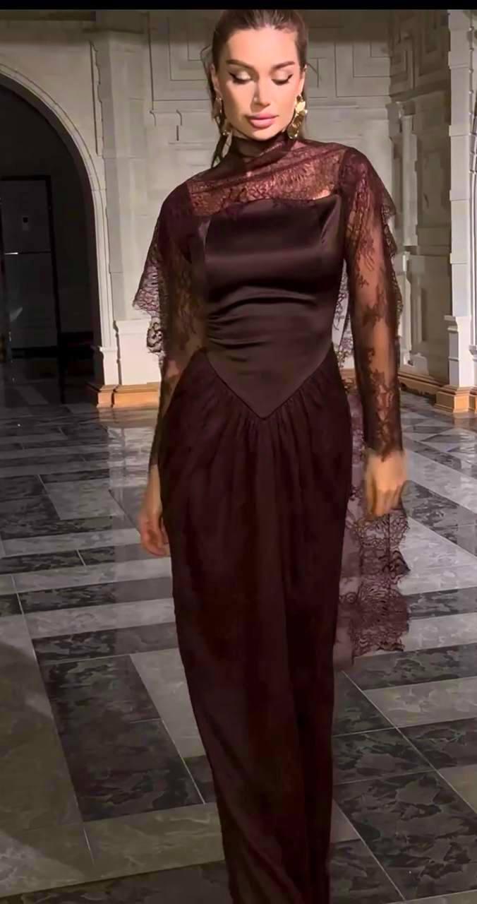 Two-Piece Evening Dress – Turkish Satin & Lace with Shoulder Shawl