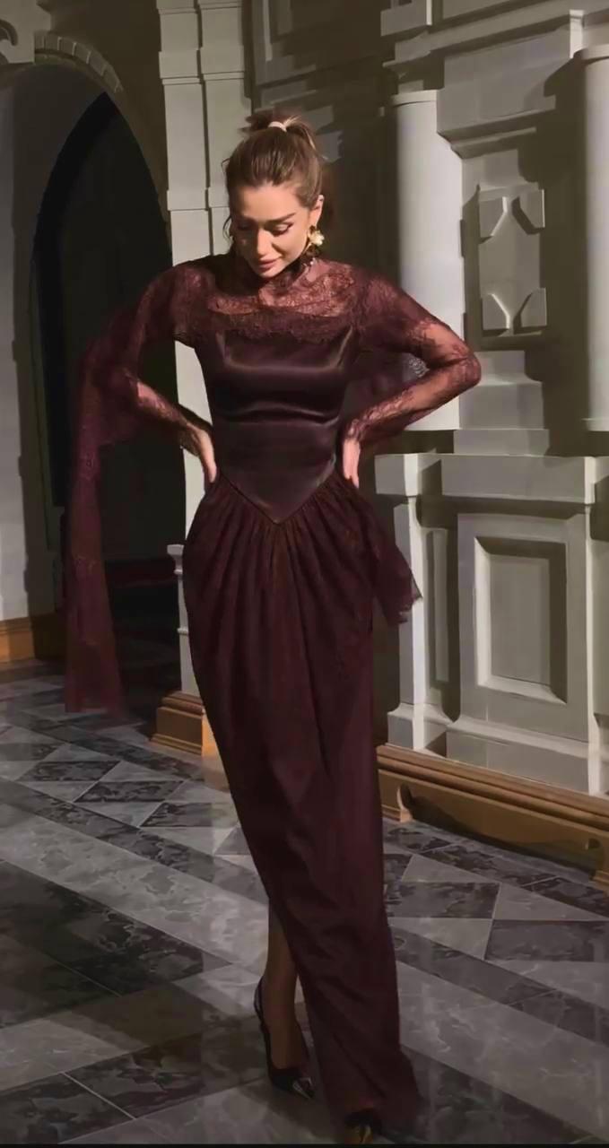 Two-Piece Evening Dress – Turkish Satin & Lace with Shoulder Shawl