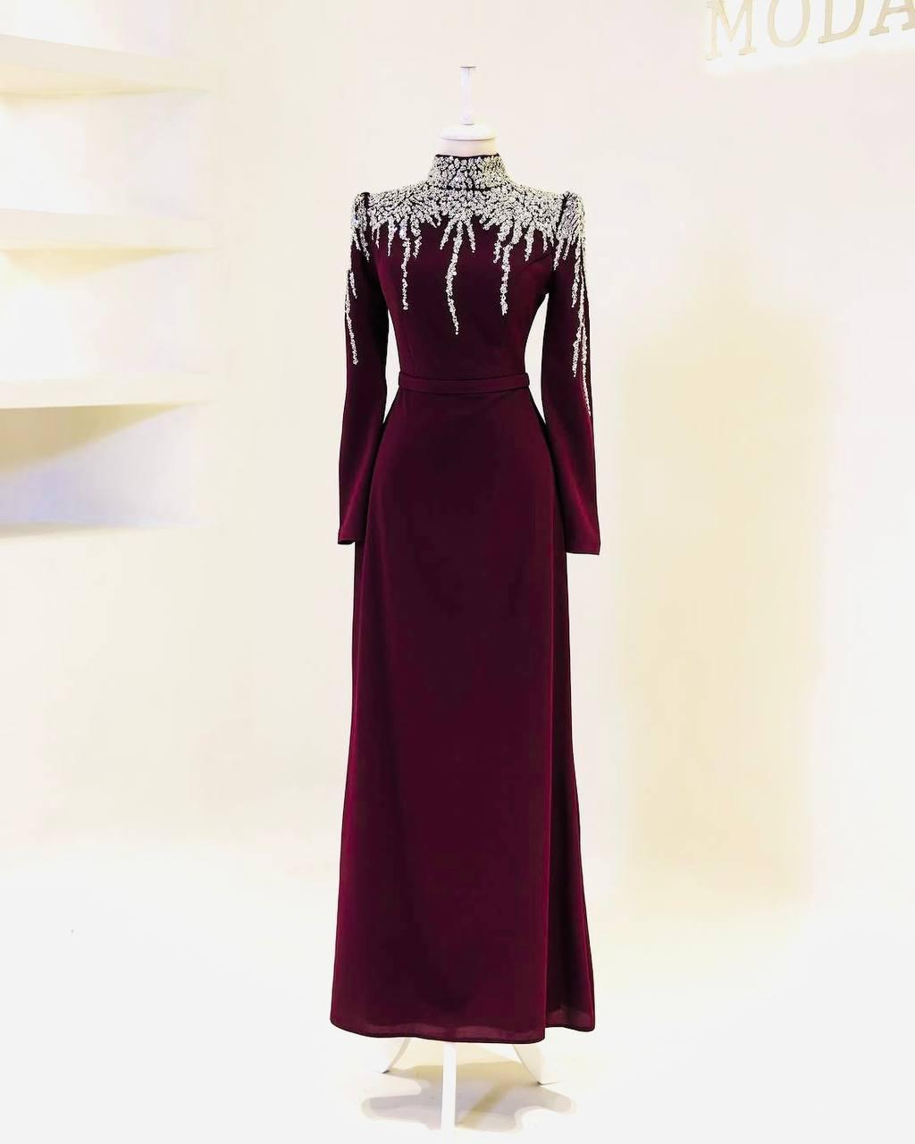 Turkish Double-Fabric Evening Dress with Shiny Accessory & Waist Belt