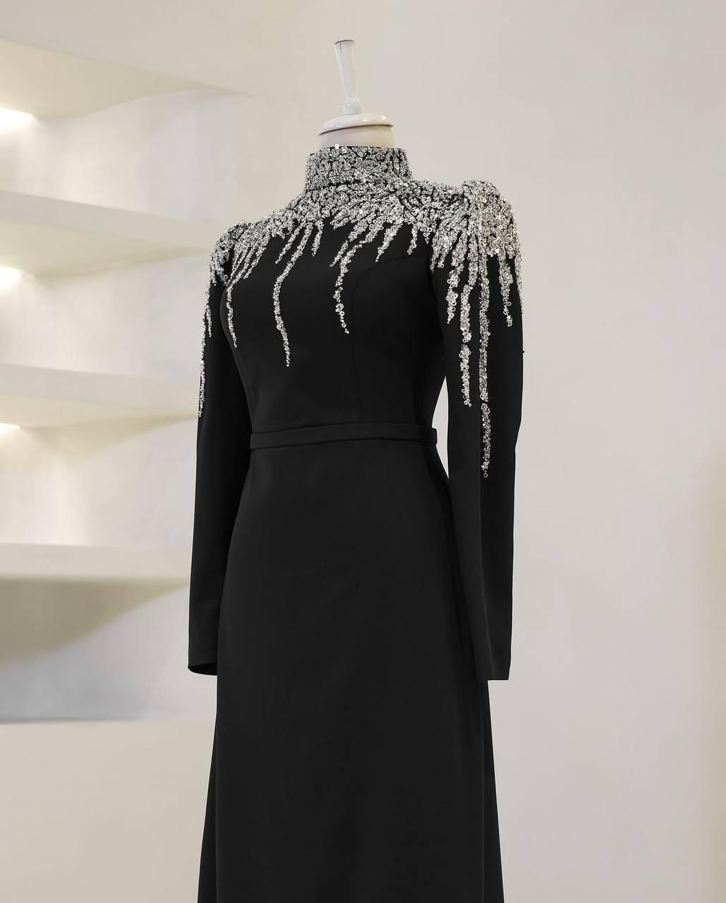 Turkish Double-Fabric Evening Dress with Shiny Accessory & Waist Belt