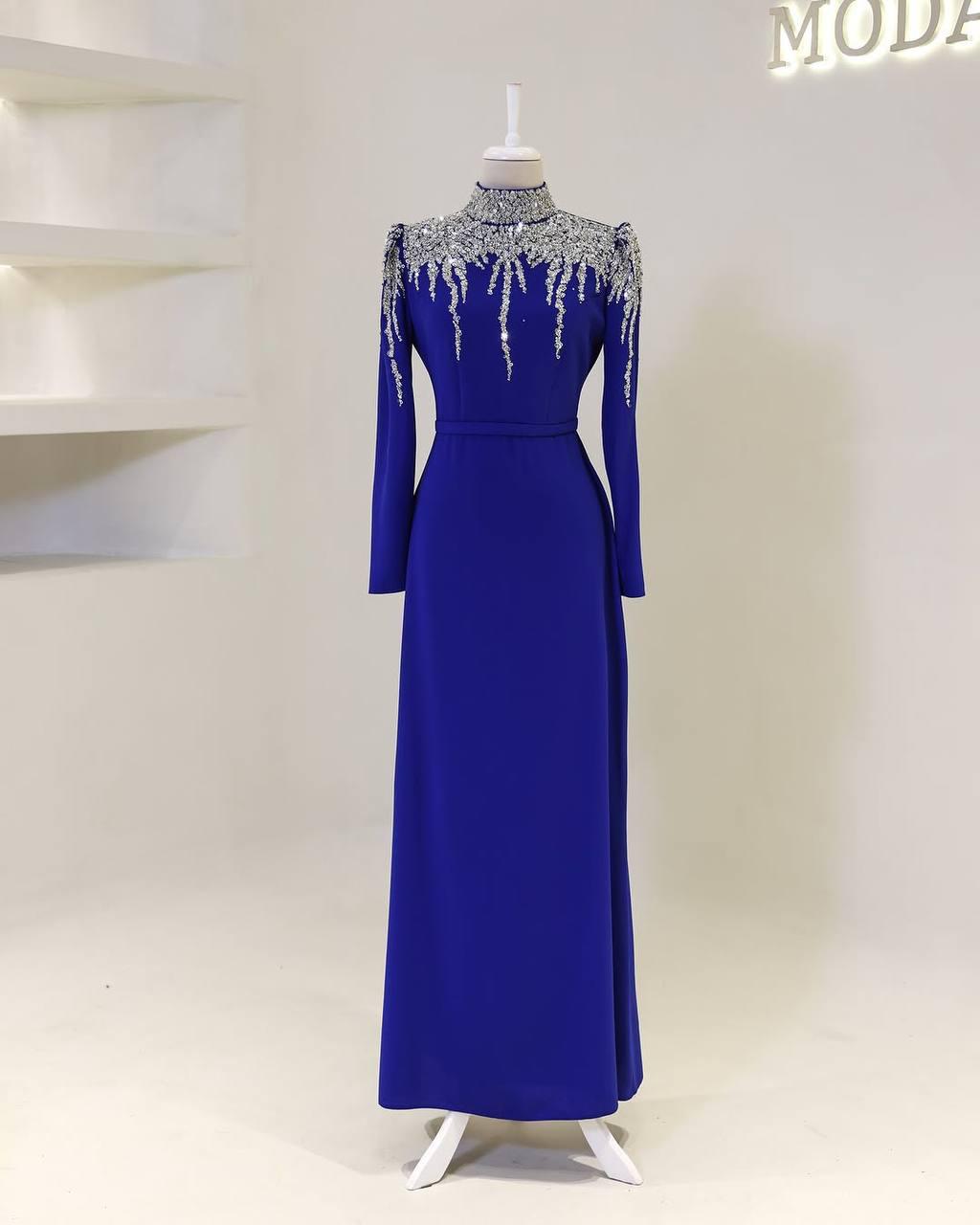 Turkish Double-Fabric Evening Dress with Shiny Accessory & Waist Belt