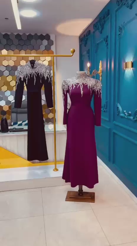 Turkish Double-Fabric Evening Dress with Shiny Accessory & Waist Belt