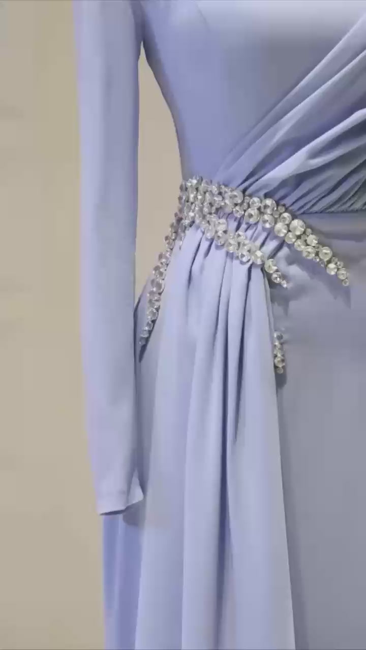 Modest Turkish Evening Dress – Double Fabric with Chiffon Waist Drape