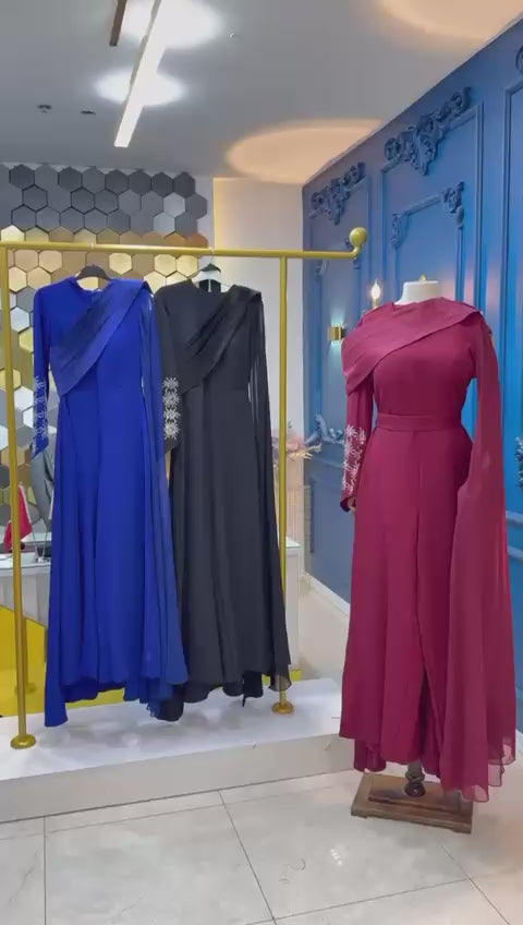 Embellished Korean Double-Fabric Jumpsuit with Long Shoulder Shawl