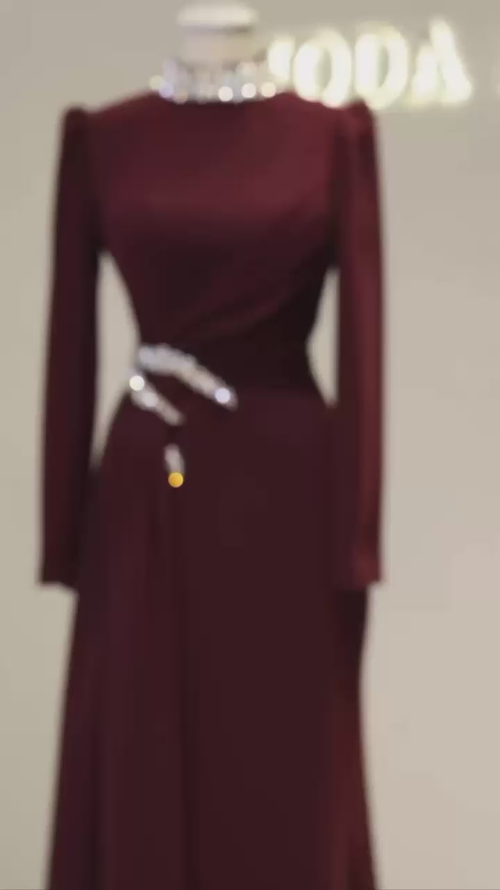 Modest Turkish Evening Dress – Double Fabric with Chiffon Waist Drape