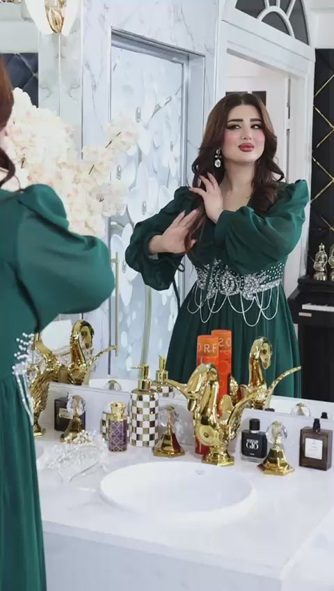 Plus-Size Modest Dress – Chiffon with Diamond & Chain Waist Detail