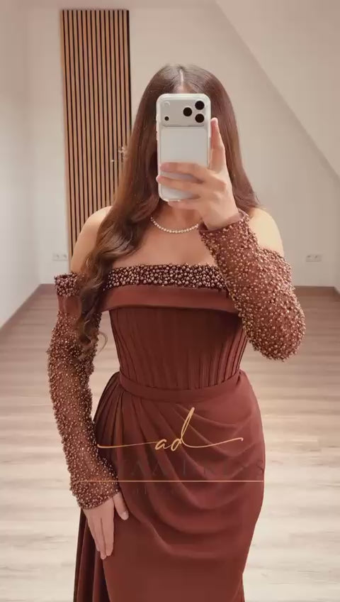 Turkish Evening Dress – Dail Fabric with Pearl Embellishments