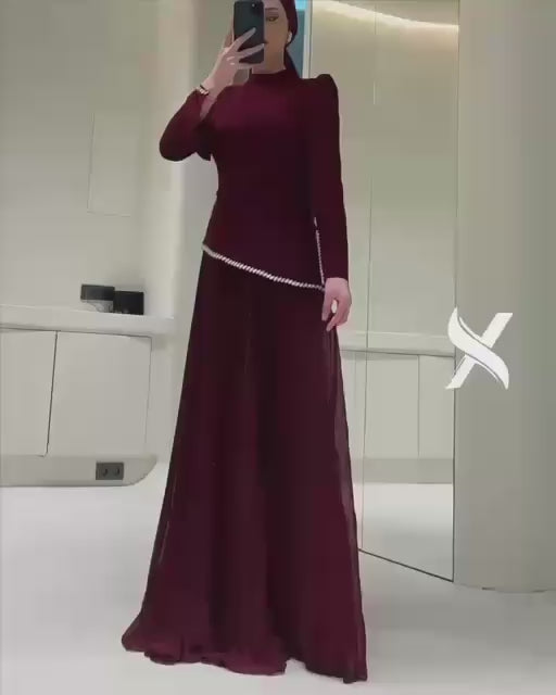 Turkish Modest Dress – Double Fabric with Chiffon & Diamond Details