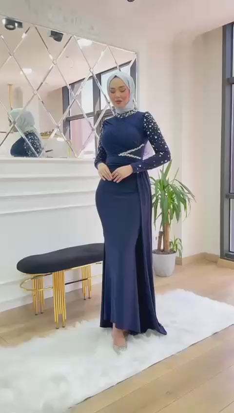 Turkish-Style Modest Dress – Sandy Lycra with Diamond Waist & Sleeve Accessory