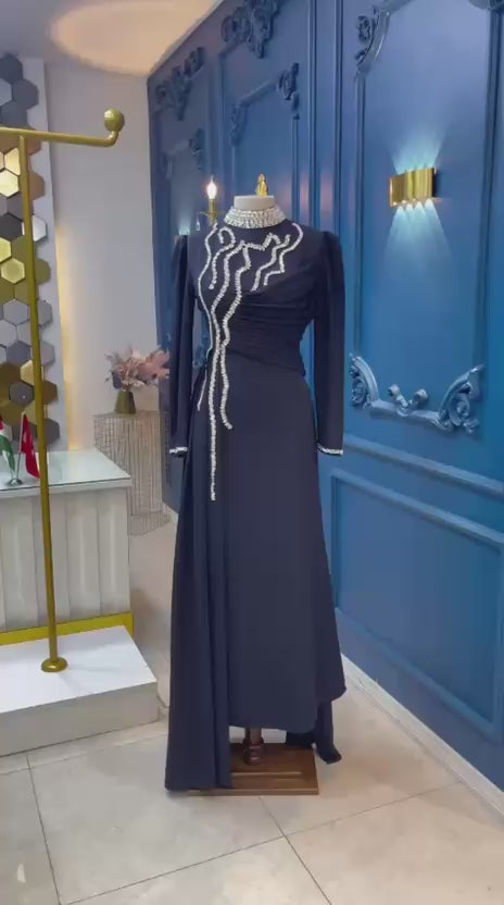 Turkish Modest Dress – Italian Double Fabric with Shiny Chest Accessory