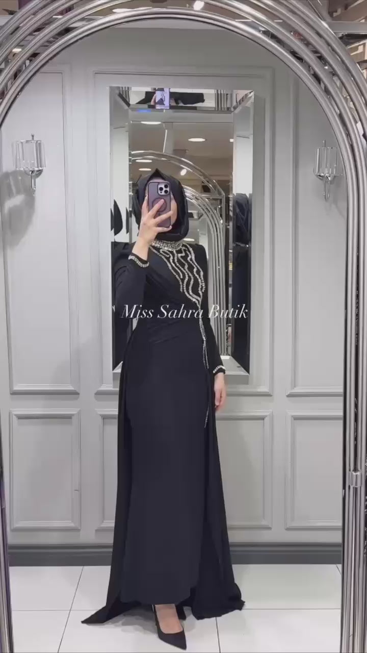 Turkish Modest Dress – Italian Double Fabric with Shiny Chest Accessory