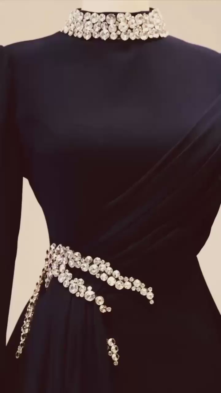 Modest Turkish Evening Dress – Double Fabric with Chiffon Waist Drape