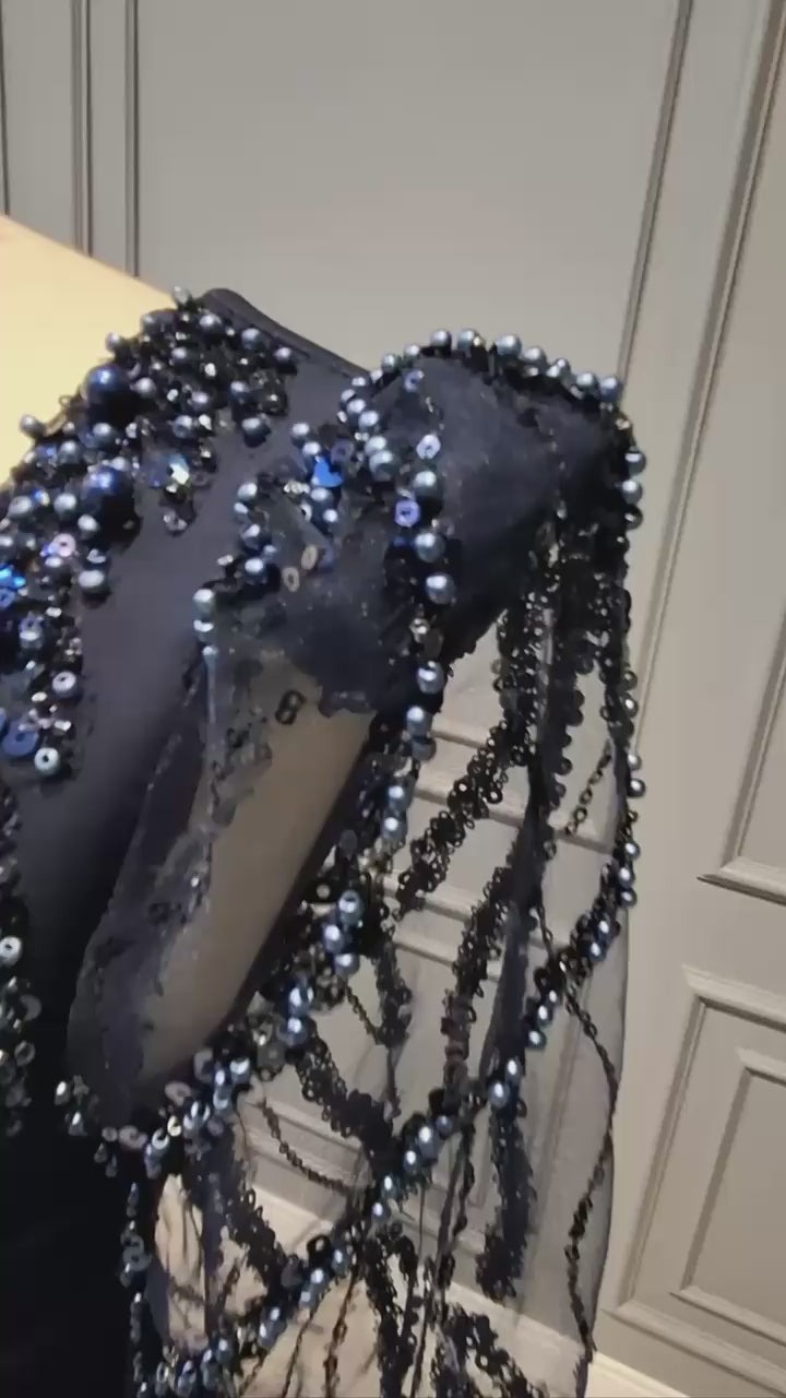 Evening Dress with Embroidered Sleeves – Italian Double Fabric