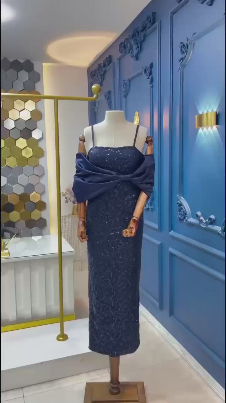 Fully Embroidered Evening Dress with Satin Neckline