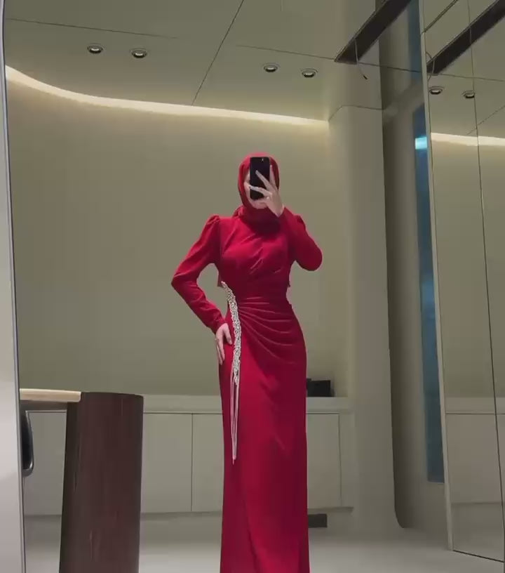 Modest Evening Dress – Turkish Crepe with Pearl & Accessory Trim